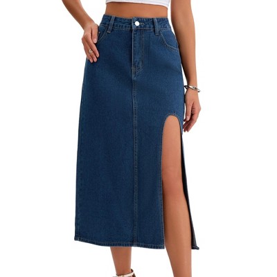INSPIRE CHIC Women's Denim High Waist A-Line Thigh Split Midi Skirt
