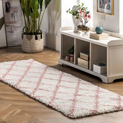 Pink and Ivory Geometric Shag Runner Rug, 2' 8" x 8'