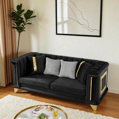 89" Velvet 3-Seater Luxury Sofa with Gold Stainless Steel Trims, Embroidered Texture, and Plush Pillows, Victorian Tufted Couch for Living Room