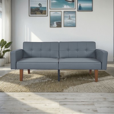 DOMETOUR Modern Sofa for Living Room Bedroom, PU Leather Backrest Can Be Flattened Convertible Sofa Bed