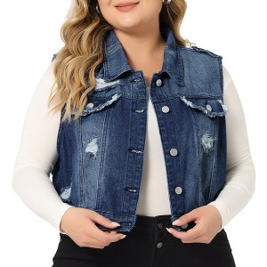 Agnes Orinda Women's Plus Size Sleeveless Chest Pockets Button-Up Denim Vests - 1 of 4