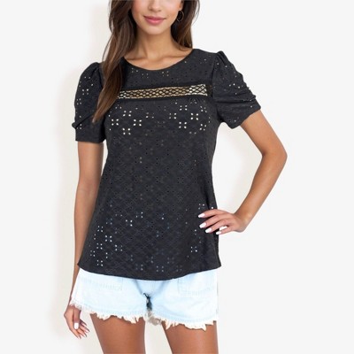 Anna-Kaci Women's Short Sleeve Eyelet Lace Top With Puff Shoulders And Crochet Details