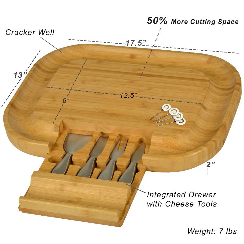 Picnic at Ascot - Large Bamboo Cheese Board with Cracker Groove & Integrated Drawer with 4 Piece Knife Set & Cheese Markers, 2 of 5
