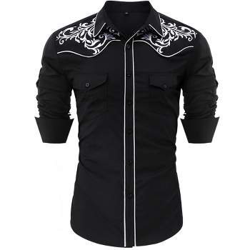 Men's Western Cowboy Shirt Long Sleeve Cotton Embroidered Casual Button Down Work Shirt with Pockets