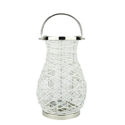 Northlight 16.25" Modern White Decorative Woven Iron Pillar Candle Lantern with Glass Hurricane