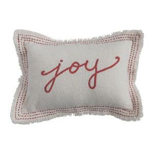 Storied Home Woven Cotton Blend Textured Lumbar Pillow with Embroidery and Fringe "Joy", Ivory Color and Red - 1 of 2