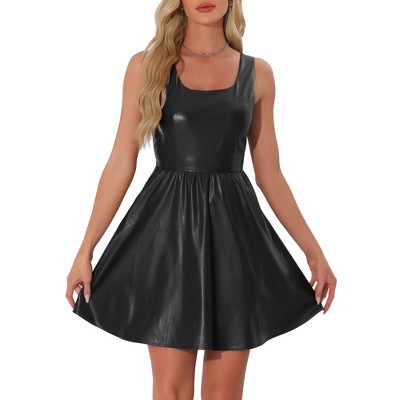 Allegra K Women's Faux Leather Sleeveless A Line Mini Party Tank Dresses