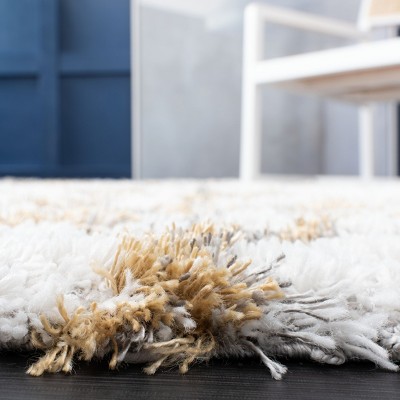 Ivory and Gold Abstract Shag 3' x 3' Square Rug