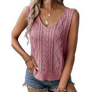 Clearlove Women's Cable Knit Sweater Vest V-Neck Sleeveless Tank Top Short Sleeve Shirts Summer Vacation Casual Ribbed Tops - 1 of 4