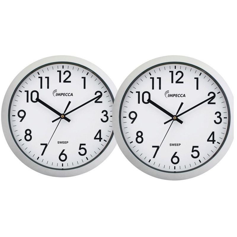 Impecca 14 Inch Sweep Movement Wall Clock, White, 2-Pack, 1 of 4