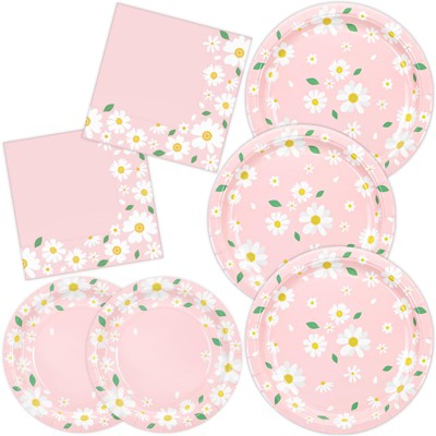 DYLIVeS Pink Daisy Party Supplies Set, Daisy Flower Paper Dinner Plates Daisy Dessert Plates, Luncheon Napkins for Birthday Party Decorations Summer