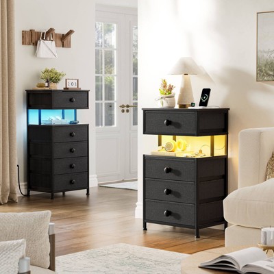WOWLIVE Nightstand with Charging Station and LED Light, 4 Fabric Drawers Black Bedside Table, End Table for Bedroom