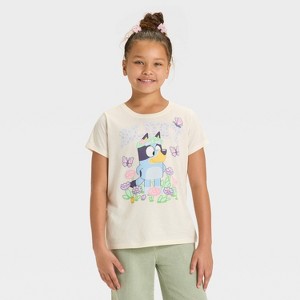 Girls' Bluey Floral Glitter Short Sleeve Graphic T-Shirt - Ivory - 1 of 4