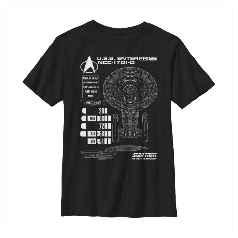 Boy's Star Trek: The Next Generation Enterprise Galaxy Class NCC-1701-D Schematics T-Shirt, 1 of 5