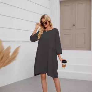 Coolmee Women Midi Dress Crewneck 3/4 Long Sleeve Irregular Hem Casual Loose Short Dress with Pockets - 1 of 4