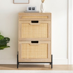 Rattan Slim Shoe Cabinet With 2 Flip Drawers & Adjustable Shelf, Tall Shoe Storage Organizer with Metal Legs,   for Entryway, Entrance, Hallway - 1 of 4