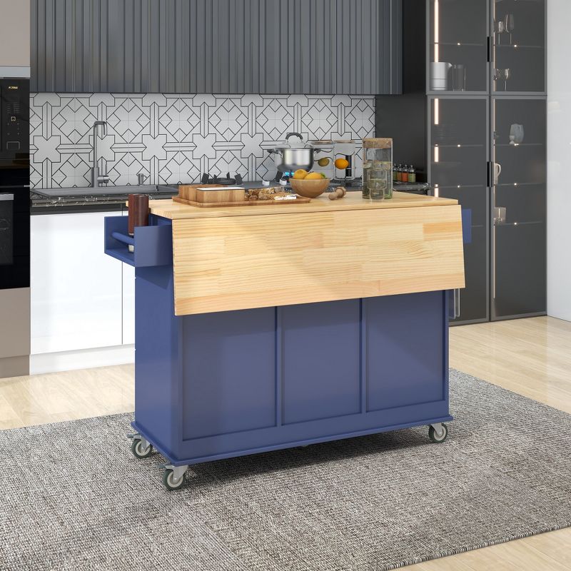 52.7 In. W Mobile Kitchen Island with Drop Leaf Wood Top, Spice Rack and Locking Wheels-ModernLuxe, 2 of 16