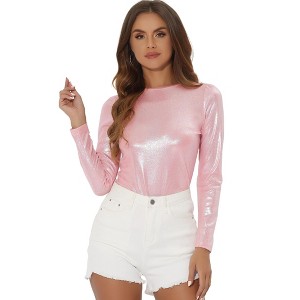 Allegra K Women's Long Sleeve Puff Sleeve Party Glitter Shiny Metallic Tops - 1 of 4