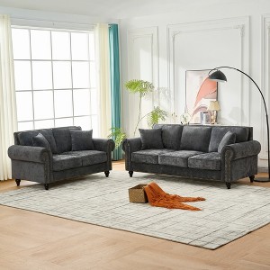 Modern 3+2 Seater Sofa with Rolled Arms, Chenille Upholstered Couch with Wood Legs and Nailhead Trim for Living Room, Apartment - 1 of 4