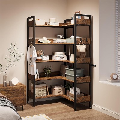 Homhougo 5 Tier Industrial Corner Bookshelf,Sturdy Metal Frame with Convertible Design & 4 Hooks,Open Display Storage Rack for Living Room or Office