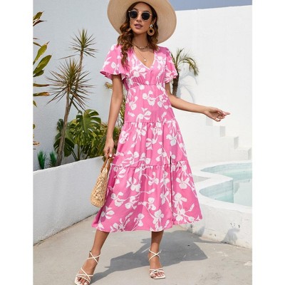 WhizMax Women's Bohemian Floral Printed V Neck Ruffle Hem A-Line Short Sleeve Split Beach Party Maxi Dress