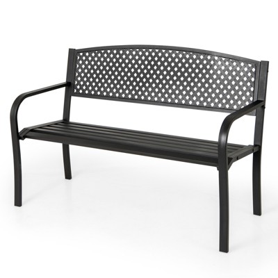 Tangkula Patio Metal Bench Garden Bench with Backrest Heavy-Duty Outdoor Seating Furniture