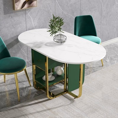 Yukimo 59.1" Modern Rectangle Leaf Folding Dining Table with Storage - Green MDF Top & Gold Metal Base, Seats 4-6