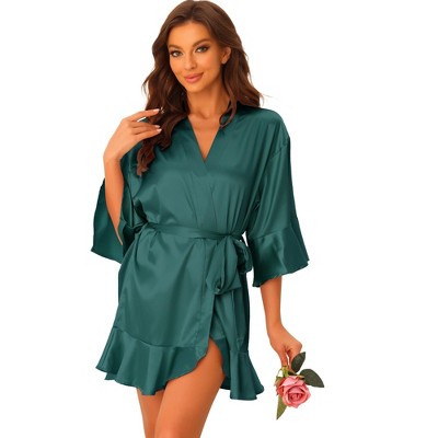 cheibear Women's Satin One Piece Pajama Silky 3/4 Sleeves Tie Waist Loungewear Robes