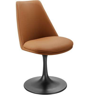 Modway Lippa Swivel Dining Side Chair – Black Faux Leather Upholstery with Tan Cushion, Armless Round Base Design