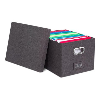 Charcoal Linen Collapsible File Storage Organizer with Lid - 2 Pack