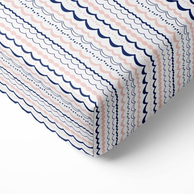 Bacati - Olivia Print Garland Coral Navy 100 percent Cotton Universal Baby US Standard Crib or Toddler Bed Fitted Sheet