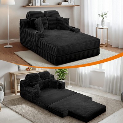 Dolonm 66.5" Chaise Lounge Chair indoor, Deep Seated Armchair Lounge Chair Compressed Sofa, Convertible Floor Bed,With Cup Holder and Side Pockets