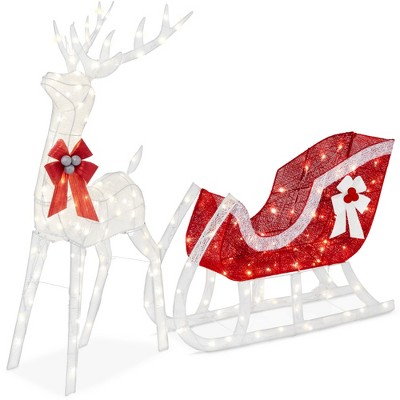 Best Choice Products XL Lighted Christmas 5ft Reindeer & Sleigh Holiday Outdoor Decor Set w/ LED Lights