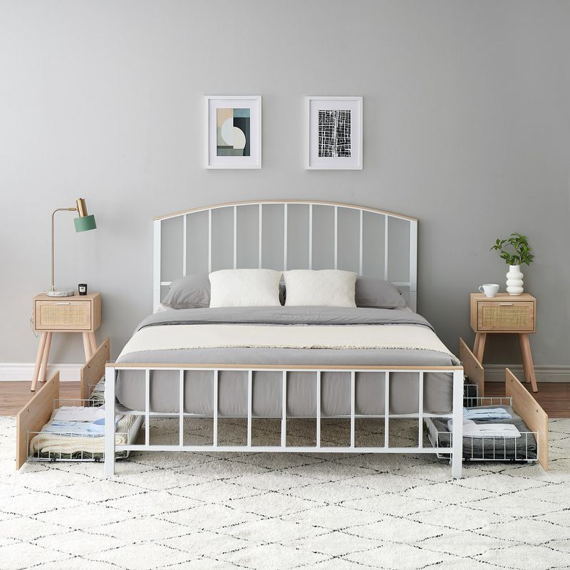 Trinity Queen Size Platform Bed Frame with 4 Storage Drawers, Mattress Foundation with Headboard & Footboard, Oak Color, 2 of 9