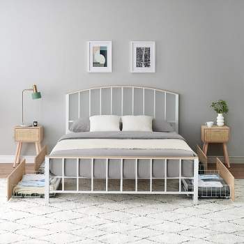 Trinity Queen Platform Bed Frame with 4 Storage Drawers on Wheels,OakColor