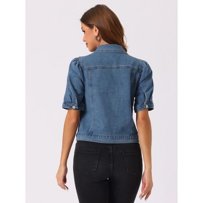 INSPIRE CHIC Women's Casual Short Puff Sleeves Button Down Jean Denim Jacket Large Medium BLue — фото 4
