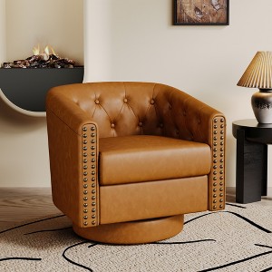 Dyonery Swivel Barrel Accent Chair, Faux Leather Nailhead Armchair, 360° Modern Comfy Reading Chair for Living Room & Bedroom - 1 of 4