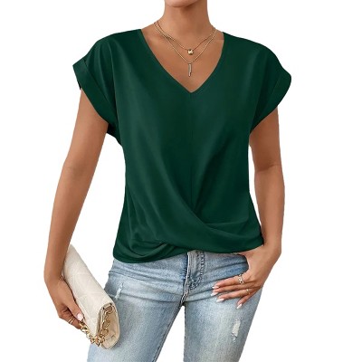 Womens Cap Sleeve Tee Shirt Twist Hem Tops V Neck Summer Causal T-Shirts