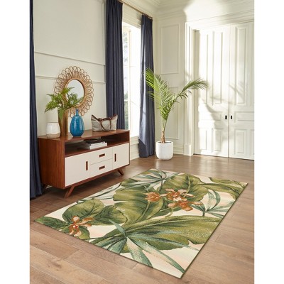 Tropical Leaf Ivory and Green Flatwoven Synthetic Area Rug