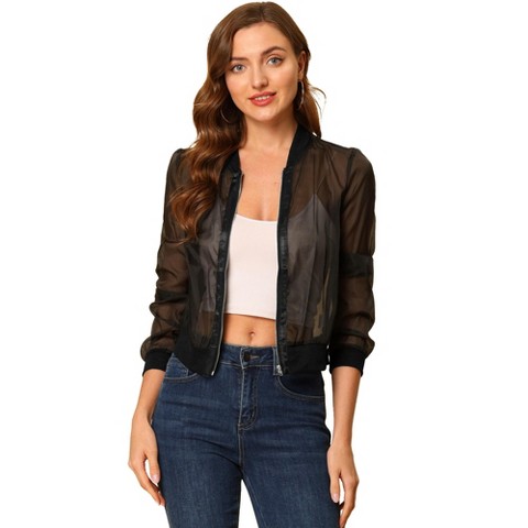 Женские куртки Allegra K Women's Zip Up See-Through Lightweight Long Sleeve Mesh Bomber Jacket Large Black
