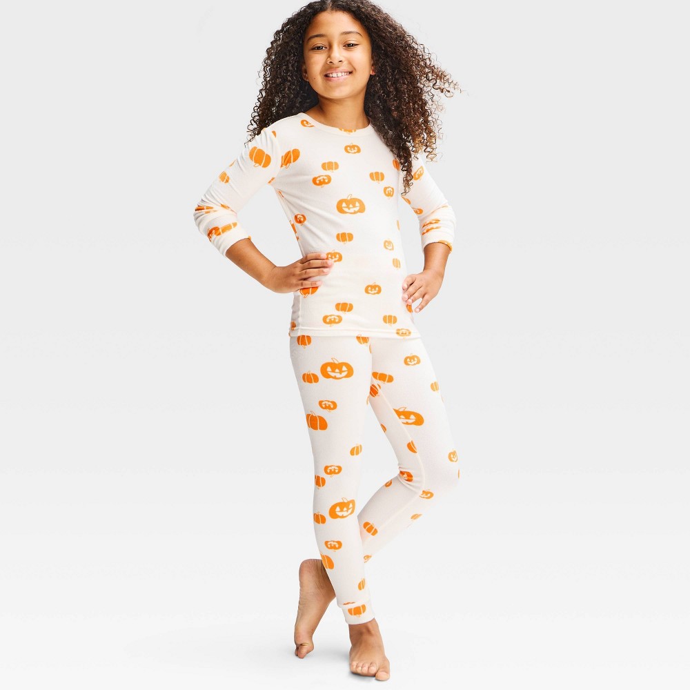 Girls' Halloween Pumpkin Printed Tight Fit Snuggly Soft 2pc Pajama Set - Cat & Jack™ Cream 8