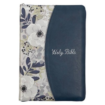KJV Large Print Thinline Bible Two-Tone Blue/Printed Floral with Zipper Faux Leather - (Leather Bound)