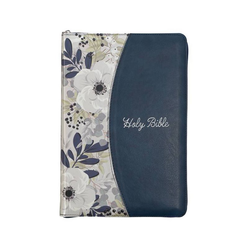 KJV Holy Bible, Thinline Large Print Faux Leather Red Letter Edition Thumb Index Ribbon Marker, King James Version, Blue Printed Floral, Zipper, 1 of 2