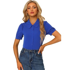 Allegra K Women's Peter Pan Collar Short Sleeve Button Front Work Shirt - 1 of 4