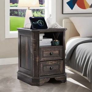 SinCiDo Nightstand with Charging Station & 2 Drawers, Farmhouse End Table, Wood Side Table for Bedroom, Living Room - 1 of 4