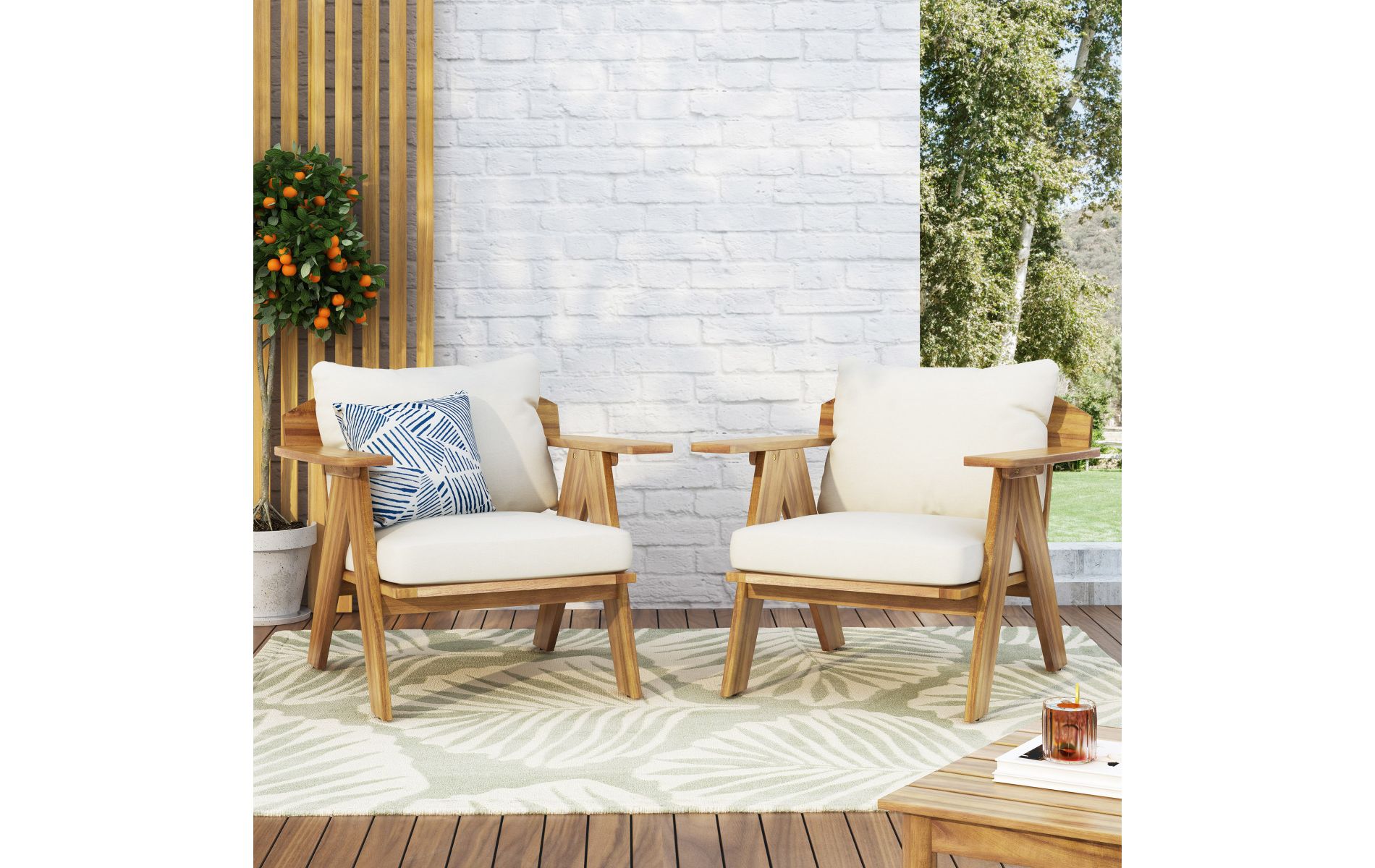 Set of 2 Acacia Wood Outdoor Club Chairs with Beige Water-Resistant Cushions, Slatted Seat and Geometric Frame for Patio or Deck-Baofuwish