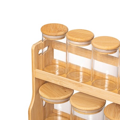 Natural Bamboo 2-Tier Spice Rack with Glass Jars