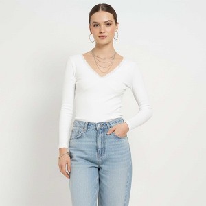 Cherie Code Women’s Black & White Striped Long Sleeve Tee – Lace‑Trim V‑Neck Casual Top - 1 of 4