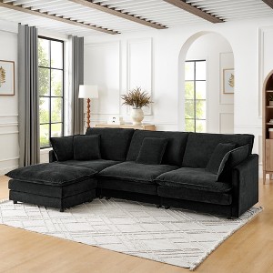 Modern L-Shaped Sectional Sofa with Ottoman, Oversized 4-Seater Couch with Towel Fabric Upholstery for Living Room, Gray/Green/Black - ModernLuxe - 1 of 4