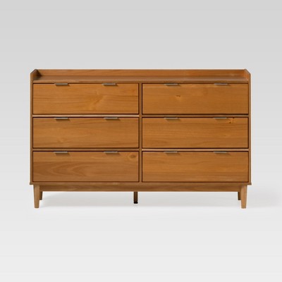 Mid-century Modern Solid Wood 6 Drawer Double Dresser Caramel